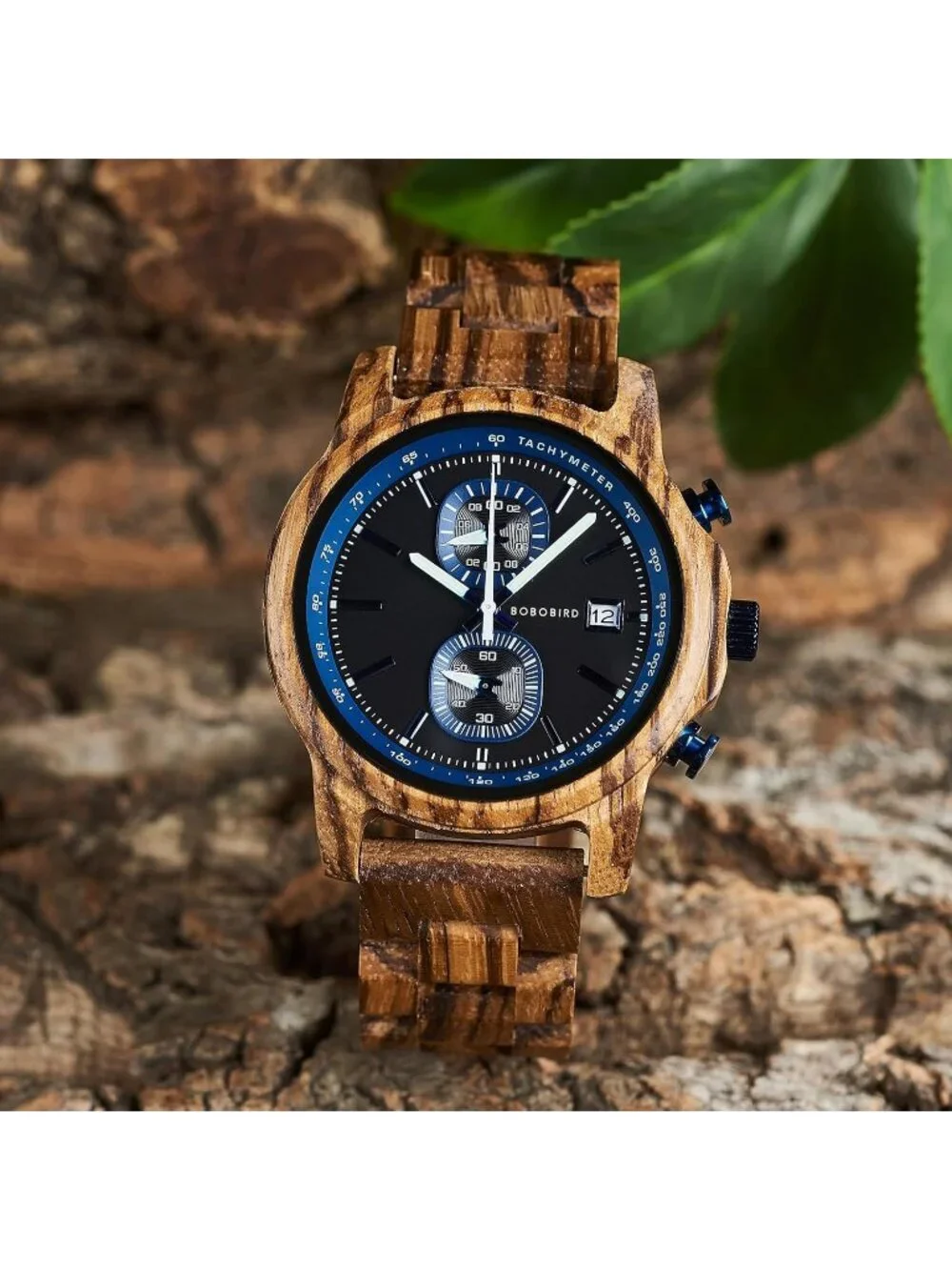 Men's Blue Analog Quartz Ultra-Light Luminous Chronograph Casual Wooden Watch
